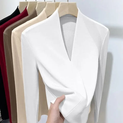 Herbst Winter Neue T-Shirts Frauen Solide V-ausschnitt Plus Samt Verdicken Warme Mode Langarm Schlank Pullover Bodenbildung Shirt Tops