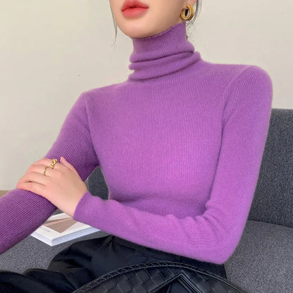 2025 herbst Winter Rollkragen Warme Jumper Lässig Feste Dünne Strickjacke Frauen Langarm Gestrickte Pullover Einfache Basis Schicht Top