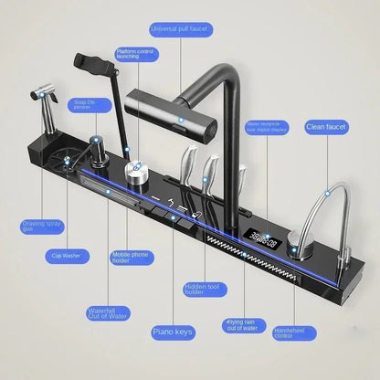 Großes Einzelschlitz-Wasserfallspülbecken aus Edelstahl 304, Digitalanzeige, geprägtes Waschbecken, Haushaltswaschbecken