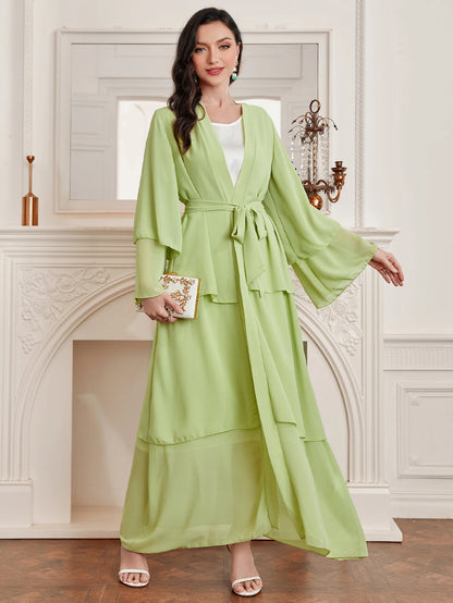 Ramadan kebaya Layered Open Front Abaya, Long Sleeve Dress With Belted , Without Hijab, Women's Clothing.