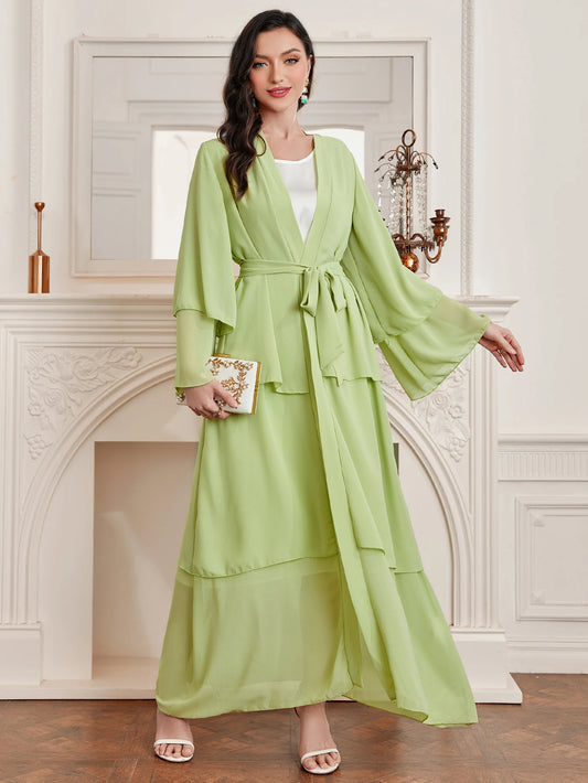 Ramadan kebaya Layered Open Front Abaya, Long Sleeve Dress With Belted , Without Hijab, Women's Clothing.