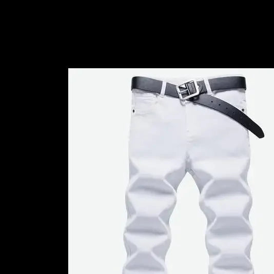 Pure White Jeans Men's Elastic Korean Style Slim Fit Youth Slimming Straight Leg Business Casual Middle Age High End Pants.