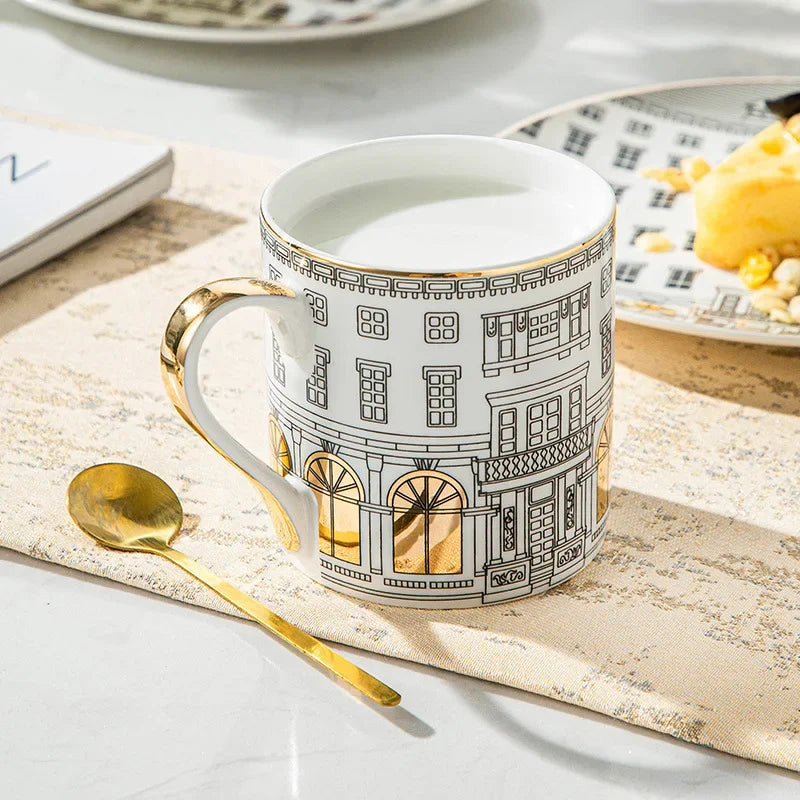 European-style Roman Architecture Ceramic Disc Coffee Cup Snacks Main Course Plate Kitchen Tableware Coffee Mug Storage Tray.