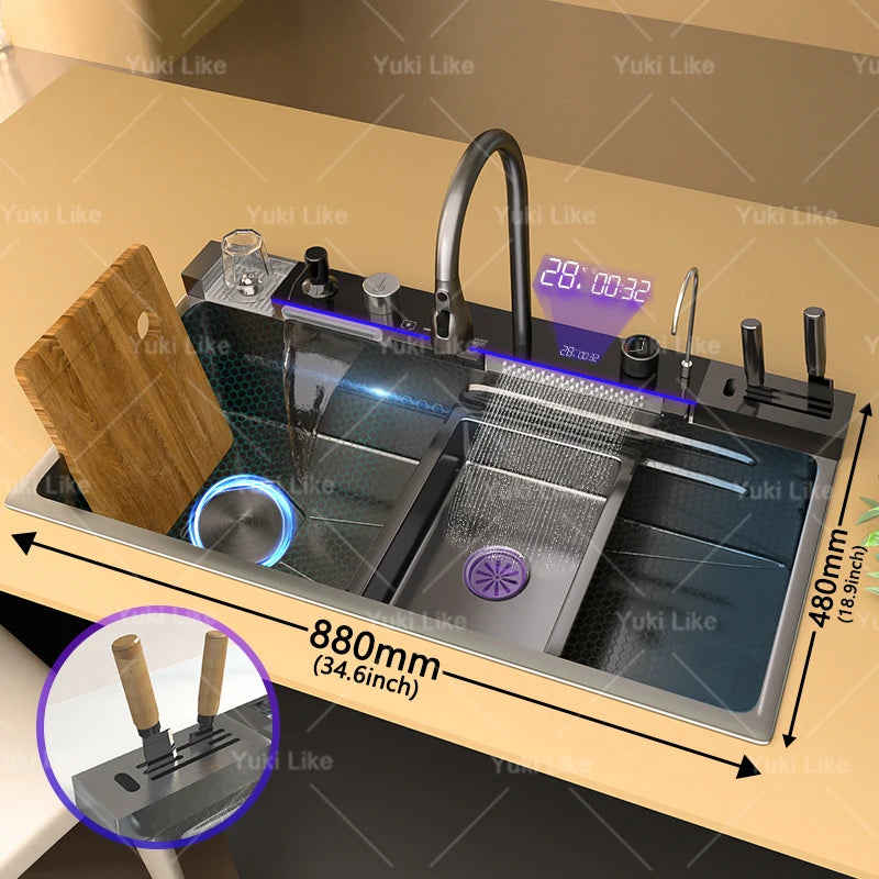 Stainless Steel Waterfall Kitchen Sink Extra Large Single Slot Multifunctional Sinks Digital Display Dishwashing Basin