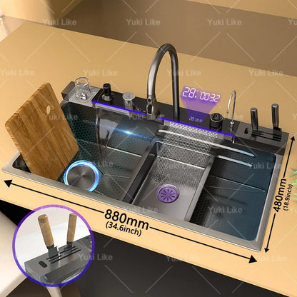 100 x 50 cm Edelstahl-Wasserfall-Küchenspüle, extra große Einzelschlitz-Digitalanzeige, multifunktionale Geschirrspülbecken