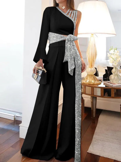 Jumpsuits Women Sequins Splice Wide Leg Pants Casual One Shoulder Irregular High Waist Lace Up Rompers Loose Summer 2024.