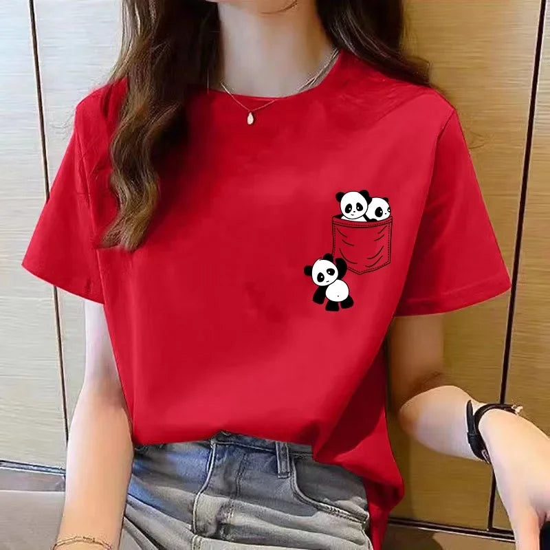 Women Short Sleeve Top Summer New Pocket Panda Cartoon Printed T-shirt Korean Fashion Women Tops Loose Round Neck T Shirt Women.