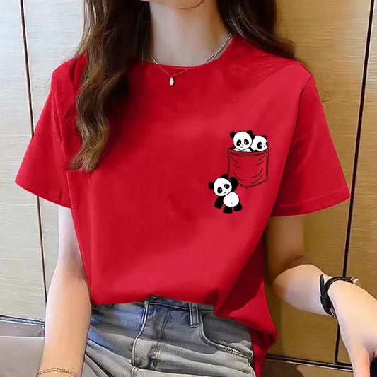 Women Short Sleeve Top Summer New Pocket Panda Cartoon Printed T-shirt Korean Fashion Women Tops Loose Round Neck T Shirt Women.