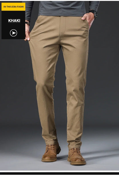 97% Cotton Men's Casual Pants Autumn Fashion Comfortable Elastic Slim Straight Business Trousers Black ArmyGreen Khaki.