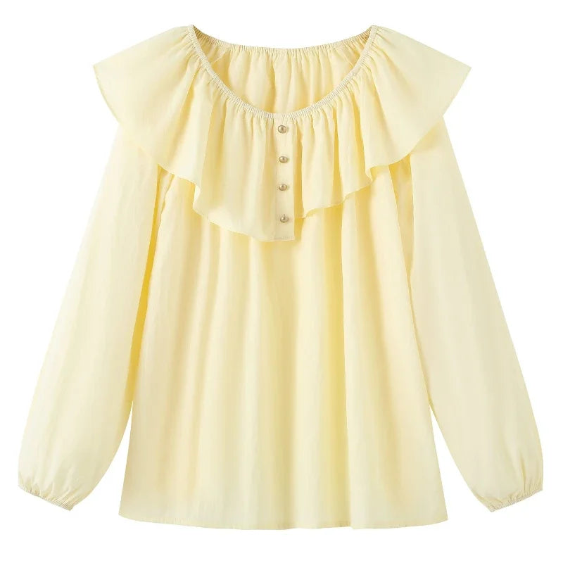 2025 French Large Size Long Sleeve O-neck Solid Color Loose Ruffle Shirt Ladies Spring Autumn Plus Size Blouses for Women.