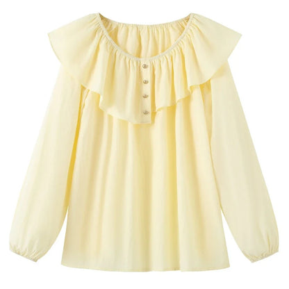 2025 French Large Size Long Sleeve O-neck Solid Color Loose Ruffle Shirt Ladies Spring Autumn Plus Size Blouses for Women.