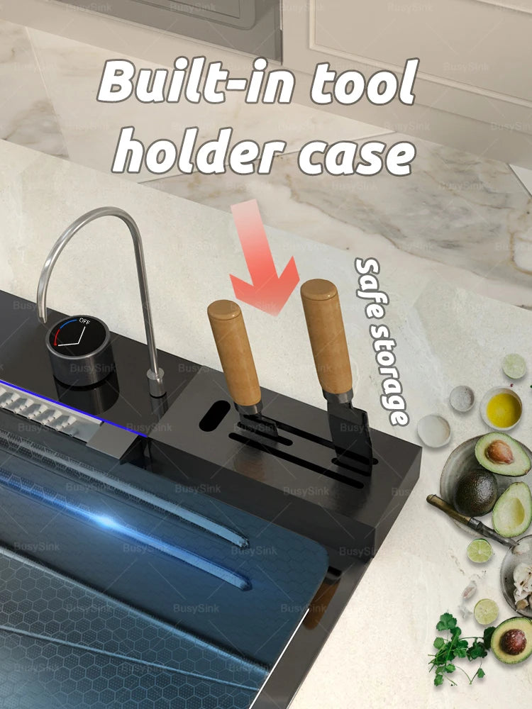 Extra Large Single Bowl Stainless Steel Waterfall Kitchen Sink Digital Display Multifunctional Household Vegetable Washing Sink