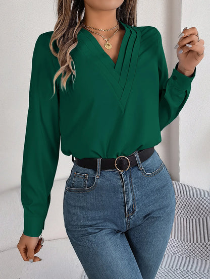 Summer And Autumn Women's Casual Shirt, Commuting Style Solid Color V-neck Long Sleeve Shirt Top.