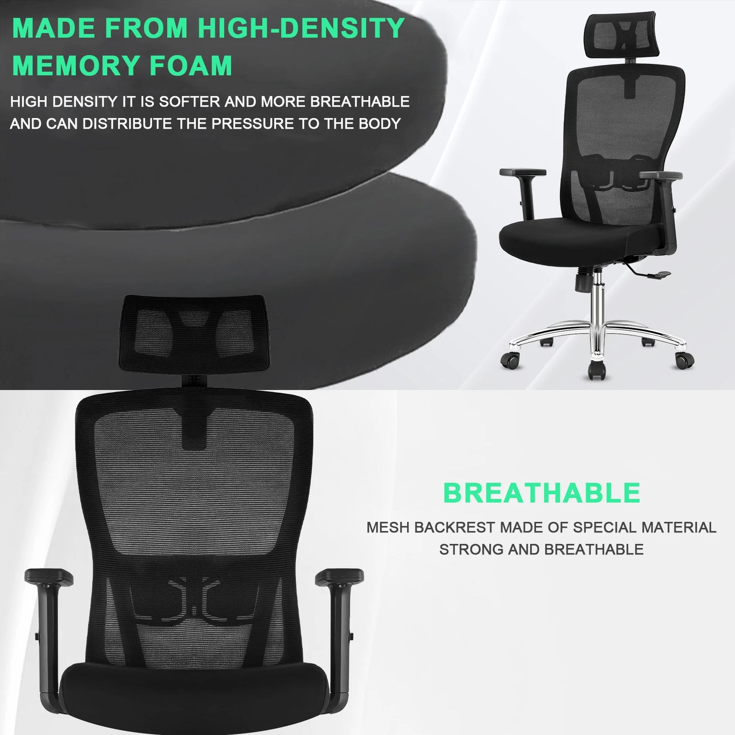 Durrafy Ergonomischer Bürostuhl, Schreibtischstuhl mit verstellbarer Kopfstütze, Armlehnen und Lordosenstütze, Netzdrehstühle, Schwarz