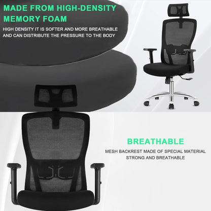 Durrafy Ergonomischer Bürostuhl, Schreibtischstuhl mit verstellbarer Kopfstütze, Armlehnen und Lordosenstütze, Netzdrehstühle, Schwarz