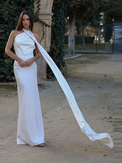 Band hängenden Hals lange Kleider schräg Schulter schnüren rücken frei seidig Satin Temperament Slim Fit Neck holder Frau Fischschwanz Kleid