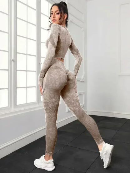 2 Piece Acid Wash Gym Set Women Seamless Long Sleeve Leggings Tracksuit Sports Fitness Suit Scrunch Workout Clothes Yoga Outfits