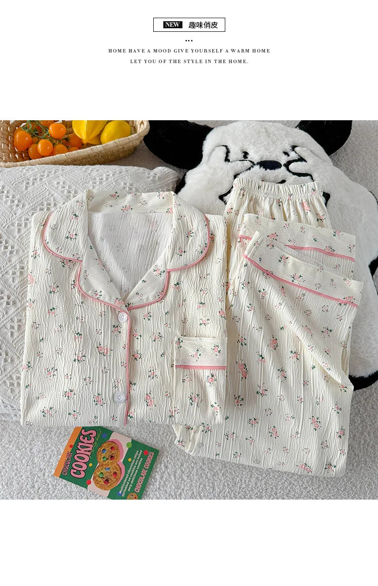 Sweet Little Floral Pajamas Women's Spring and Autumn Long Sleeves New High-Value Niche Pajamas Loungewear Wrinkle Cloth Set.