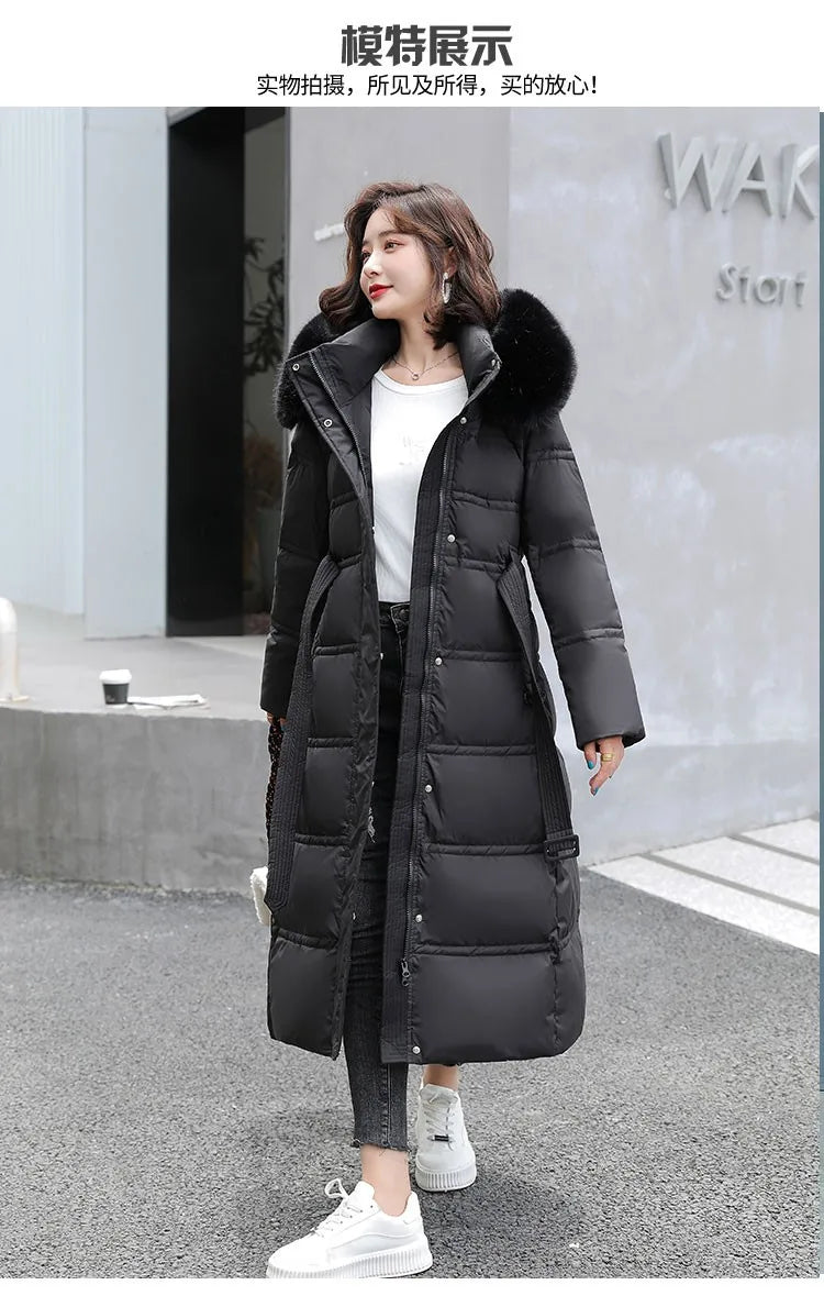 2024 neue Winter frauen Gepolsterte Jacken Mid-länge Modische Mit Kapuze Große Pelz Kragen Lose Dicke Unten Baumwolle Oberbekleidung damen.