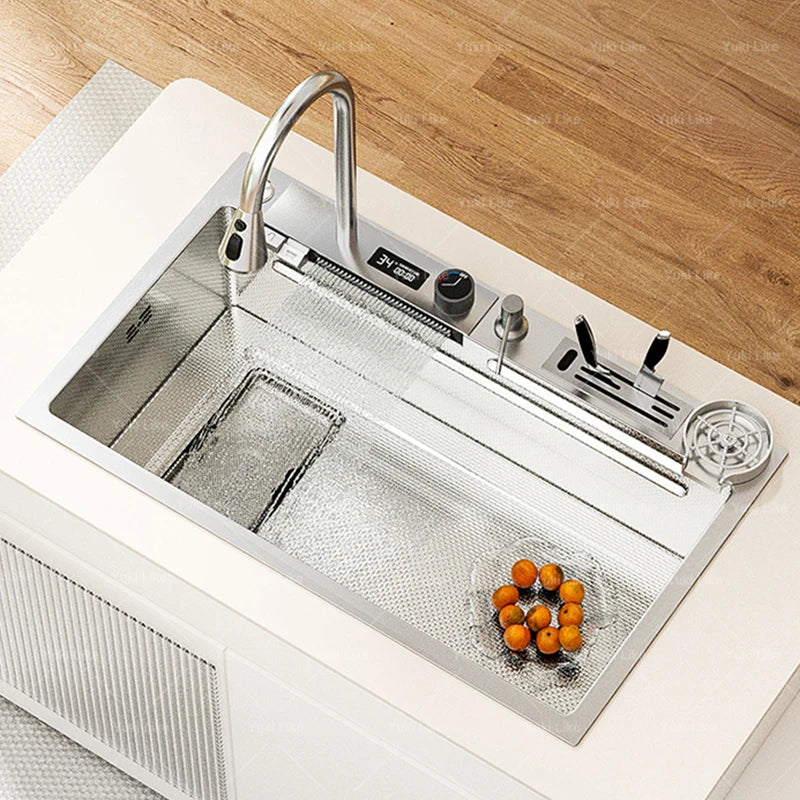 Kitchen Sink Stainless Steel Waterfall Wash Dish Vegetables Basin Multifunctional Smart Digital Display Screen Large Single Slot