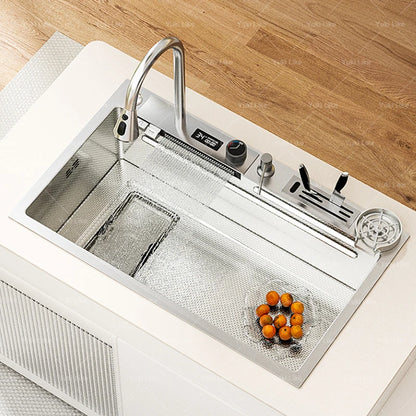Kitchen Sink Stainless Steel Waterfall Wash Dish Vegetables Basin Multifunctional Smart Digital Display Screen Large Single Slot