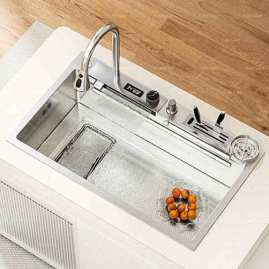 Kitchen Sink Stainless Steel Waterfall Wash Dish Vegetables Basin Multifunctional Smart Digital Display Screen Large Single Slot