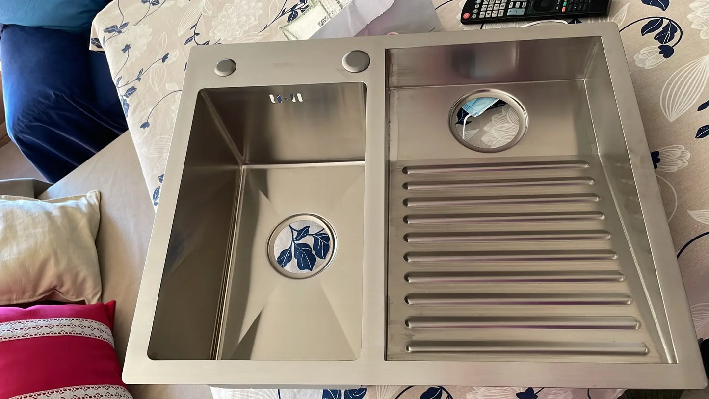 304 Stainless Steel Manual Kitchen Sink Single Bowl Above Counter Or Undermount Set WitWashboard Dispensor Dainer 60x48cm