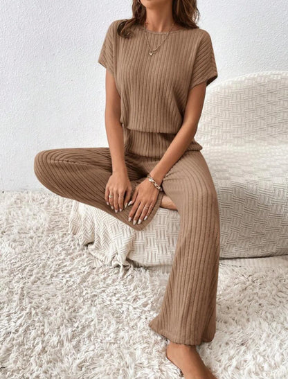 Two Piece Pant Sets Women Straight Pants Tops Pullover Short Sleeve Round Neck Spliced Top Solid Casual Streetwear Summer