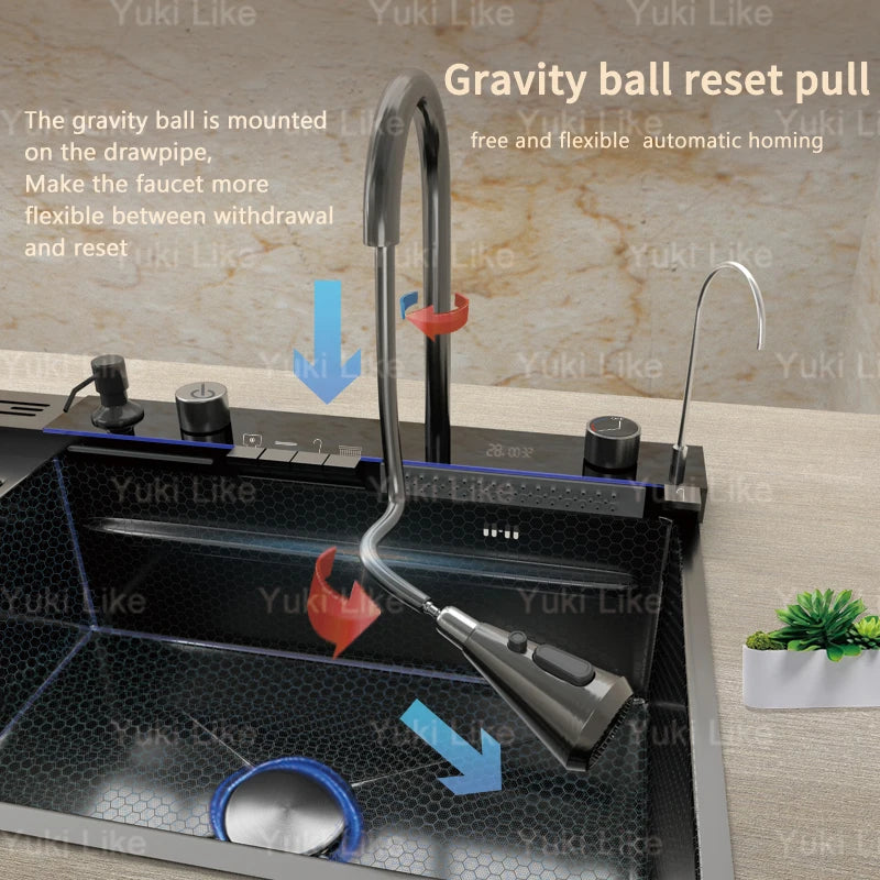 Wasserfall-Küchenspüle aus Edelstahl mit Digitalanzeige, extra große Einzelschüssel, multifunktionales Gemüsewaschbecken für den Haushalt