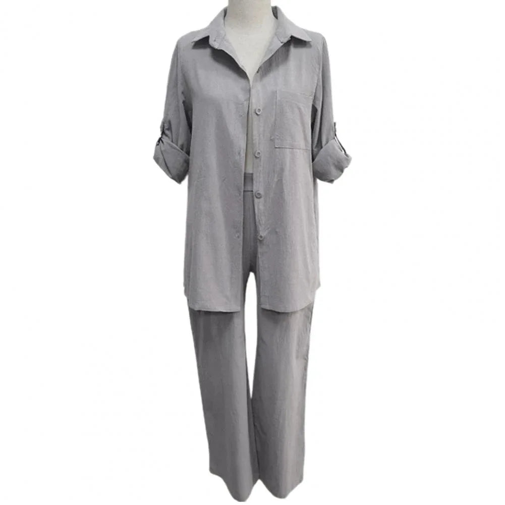 Elegant Solid Cotton Linen Shirt 2 Piece Set For Women Casual Outfits Autumn Long Sleeve Pocket Top Wide Leg Pants Suits Female.