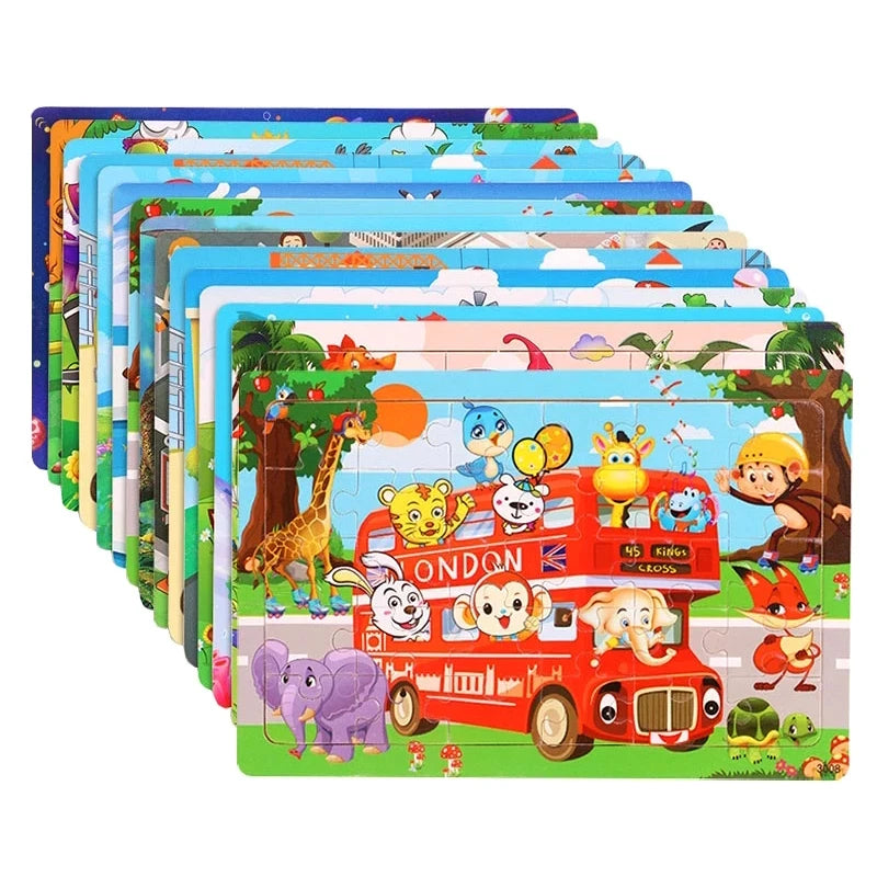 New 30 Pieces Wooden Puzzles Cartoon Animal Traffic Tangram Wood 3d Puzzle Montessori Educational Toys for Children Gifts.