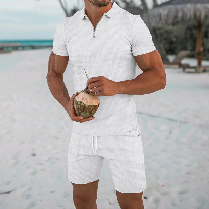Men's Comfortable Short-Sleeved Waffle Polo Shirt And Shorts Set - Breathable Lightweight Spring/Summer Clothing.