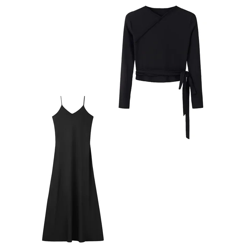 New Autumn Woman Long Sleeve Dress Suit Solid Color Tie With Bow Top And Milk Silk Knit Suspenders Dress Elegant Female Outwear.