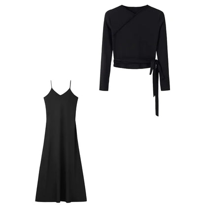 New Autumn Woman Long Sleeve Dress Suit Solid Color Tie With Bow Top And Milk Silk Knit Suspenders Dress Elegant Female Outwear.