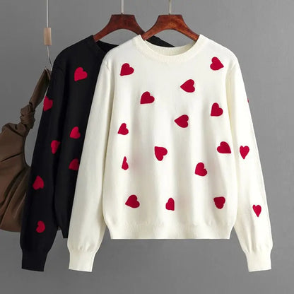 Frauen Herz Druck Gestrickte Pullover Herbst Winter Lose Pullover Elegante Strickwaren Jumper Valentinstag Tops