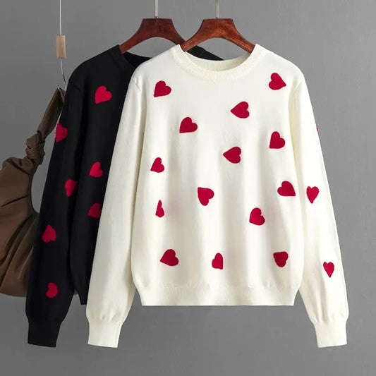 Frauen Herz Druck Gestrickte Pullover Herbst Winter Lose Pullover Elegante Strickwaren Jumper Valentinstag Tops
