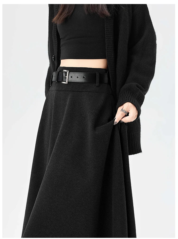 High Quality Irregular Woolen Skirt Women 2025 Autumn Winter New High Waist Slimming Midi Skirt Elegant A-line Faldas with Belt.