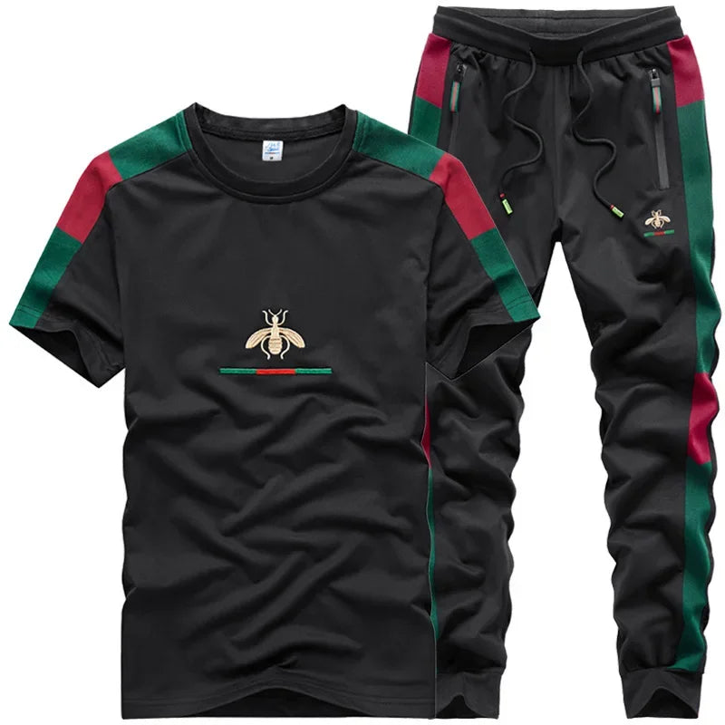 Casual Embroidered Short Sleeve Long Pants Set round Neck Two Piece Set Men's Fashionable Korean Style Spring Autumn Wear.