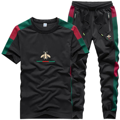 Casual Embroidered Short Sleeve Long Pants Set round Neck Two Piece Set Men's Fashionable Korean Style Spring Autumn Wear.