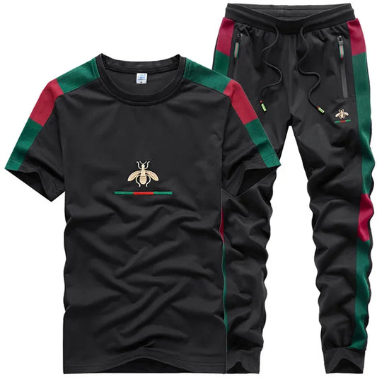 Casual Embroidered Short Sleeve Long Pants Set round Neck Two Piece Set Men's Fashionable Korean Style Spring Autumn Wear.