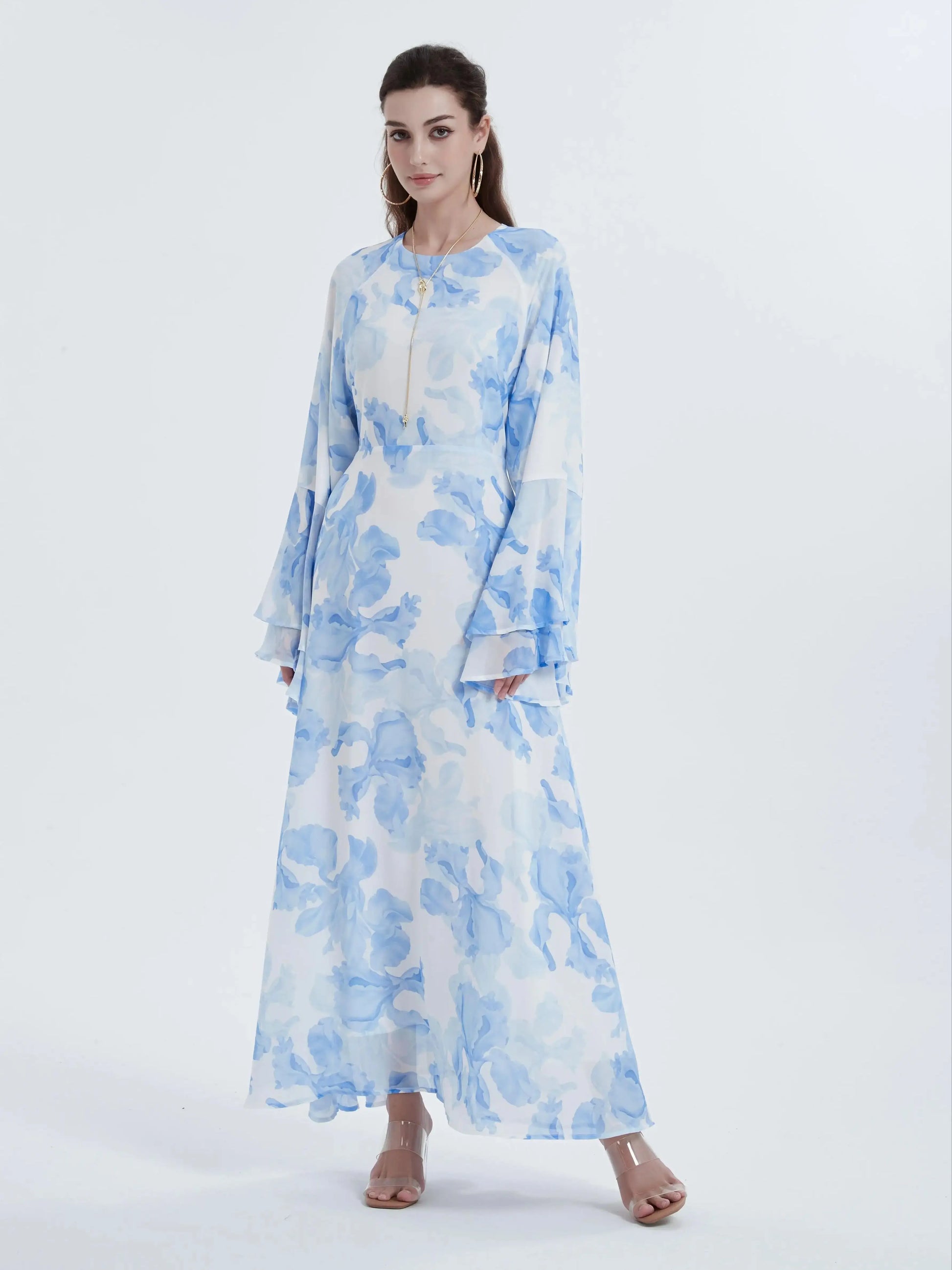 Ramadan kebaya Muslim women's chiffon print flared sleeve dress headscarf two-piece set.