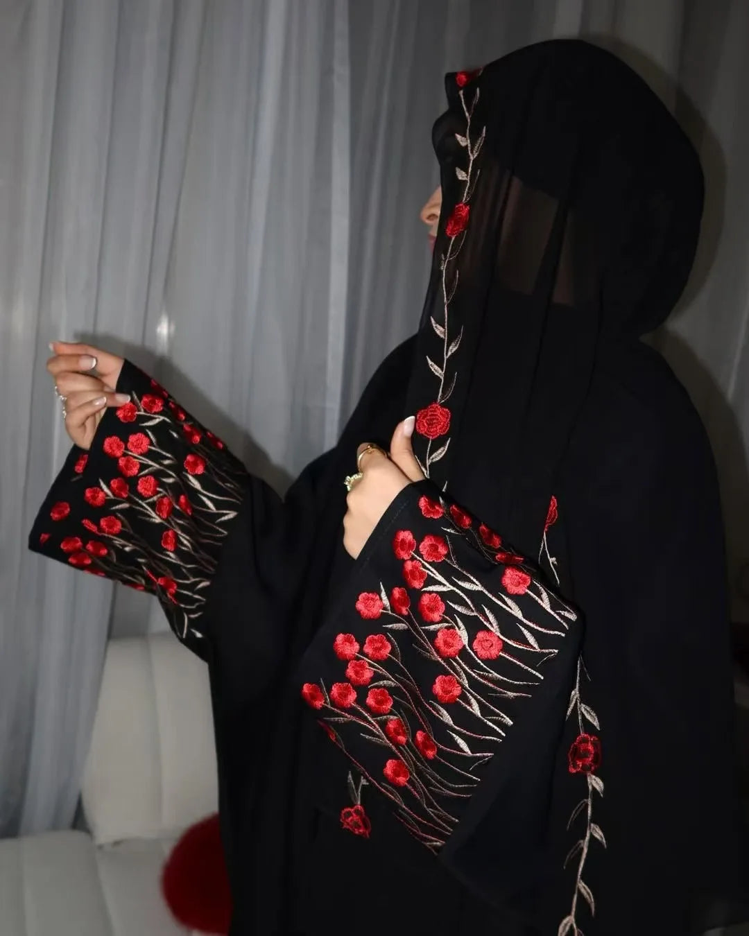 Islamic Clothes Black Flower Embroidery Abayas for Women Dubai Cardigan Muslim Saudi Open Abaya Kimono Luxury Hijab Dress Kaftan.
