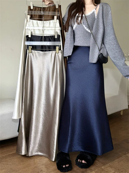High Waist Women's Fleece-Lined Thickened Elegant Long Skirt Satin Mermaid Skirt Elegant Drapey Bodycon Skirt For Autumn Winter.