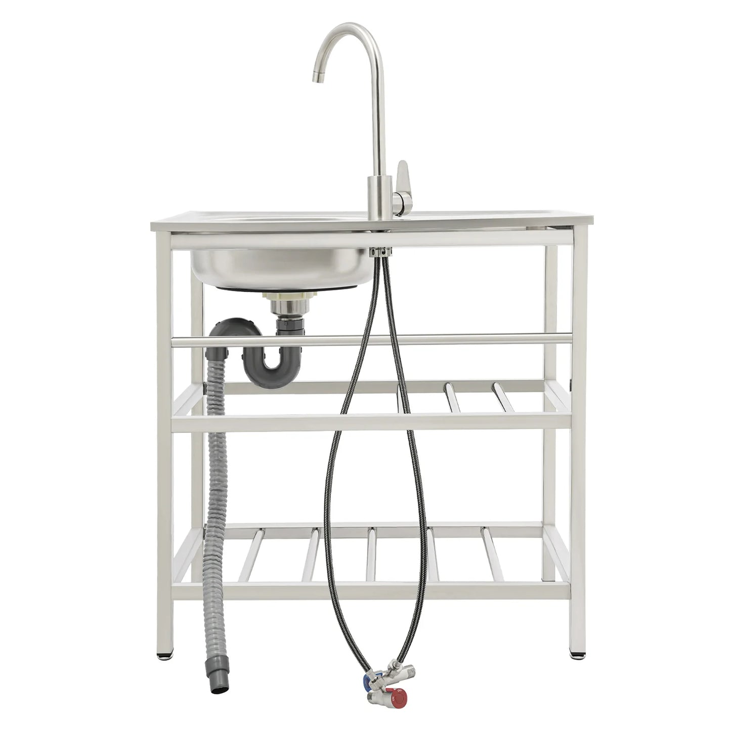 Freistehendes Waschbecken aus Edelstahl mit 2-stufigem Boden, Aufbewahrungsregal für die Küche, Outdoor-Spüle mit Facut-Handwaschstation