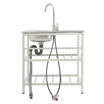 Freistehendes Waschbecken aus Edelstahl mit 2-stufigem Boden, Aufbewahrungsregal für die Küche, Outdoor-Spüle mit Facut-Handwaschstation