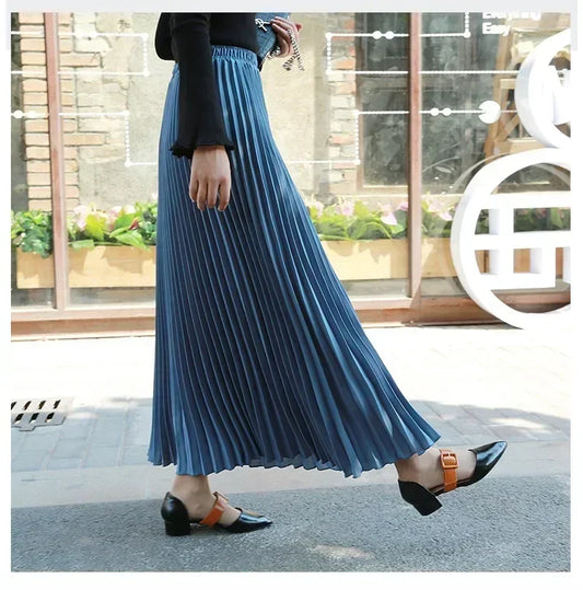 Classical Women Pleated Skirt 90cm/80cm Long Female Elastic Waist Skirt Big Size Velvet Pleated Skirt for Winter Ankle-Length.