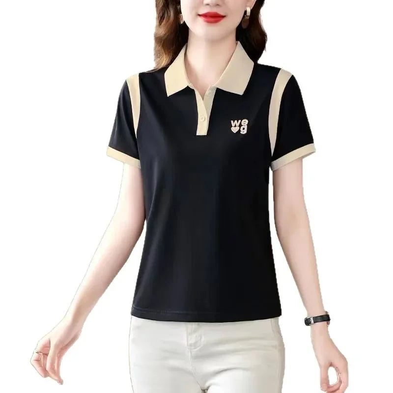 Sporty Short Sleeve Polo Shirt for Women Summer Fashionable Hong Kong Style Top Slim Fit Mixed Fabric Trendy T-Shirt.
