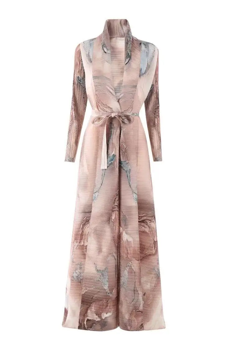 Abaya Miyake Pleated Printed Robe Jacket Arabian Dubai Style Women's Long Sleeve Conservative Demure Muslim Trench Coat 55inches