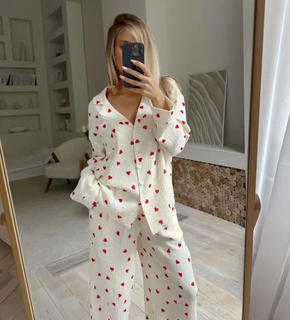 2-Piece Muslin Pajamas Set for Women 100% Cotton Love Printed Comfortable Long-Sleeved Tops Pajamas Home Wear Sleep Autumn Cloth