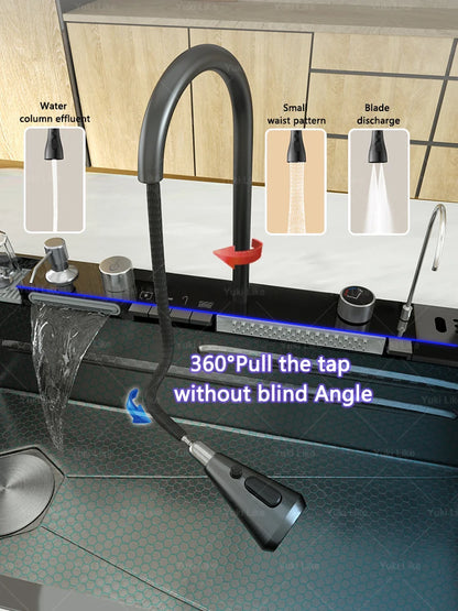 Waterfall Stainless Steel Kitchen Sink Intelligent Digital Display Faucet Large Single Slot Dishwash Bowl Wash Vegetables Basin